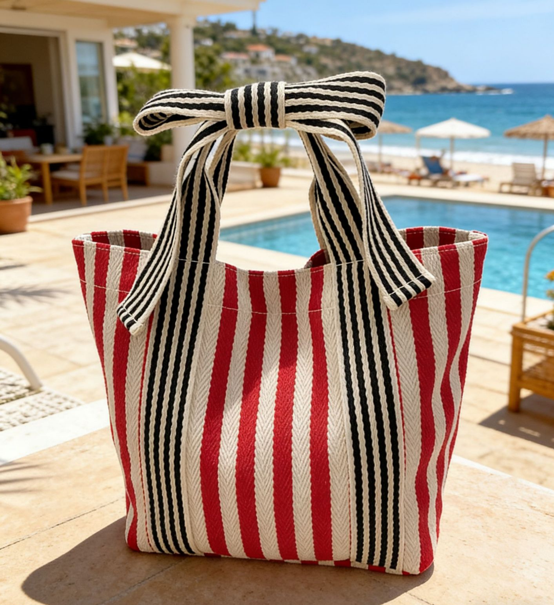 Mini Striped Tote Bag Beach Bow Handle Bag