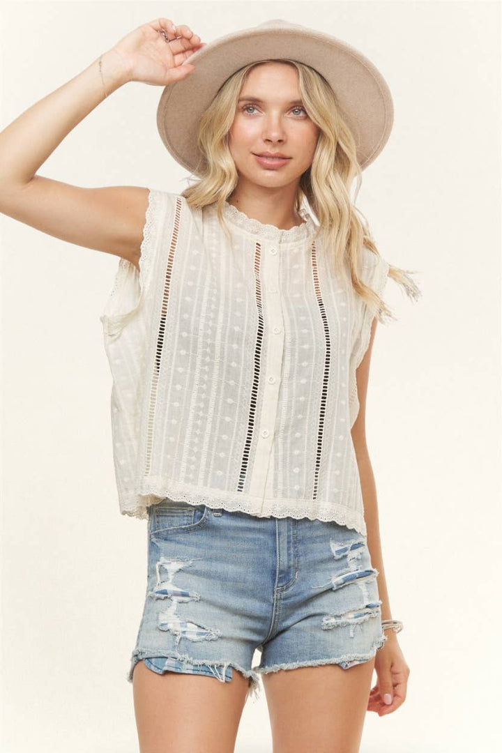 SLEEVELESS BOHO LACE TRIM BLOUSE- LET3998