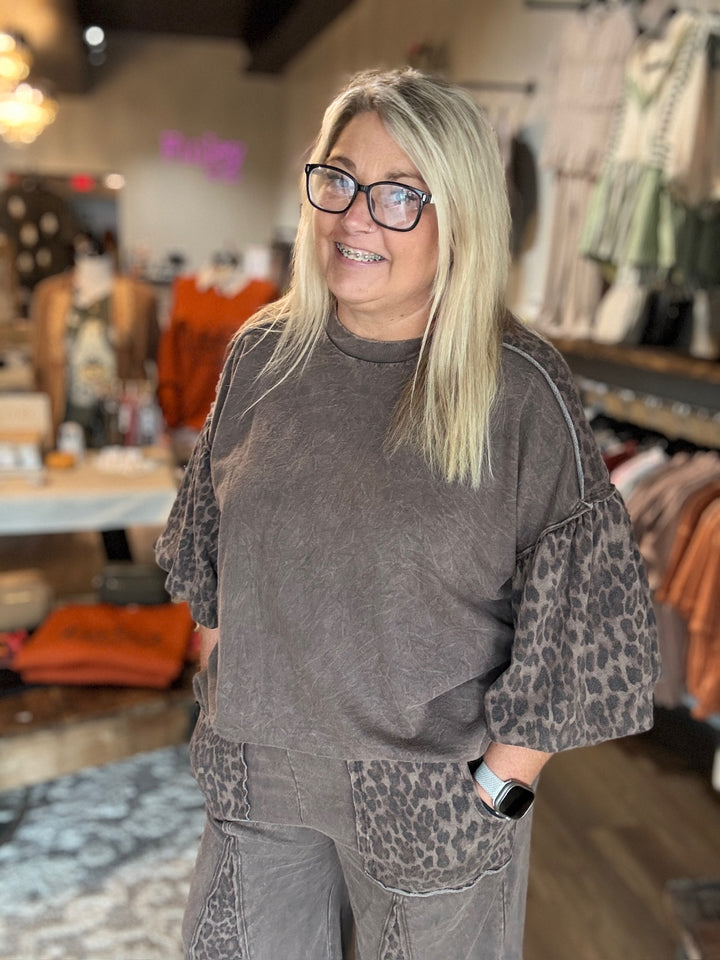 Brown Leopard Puff Sleeve Top