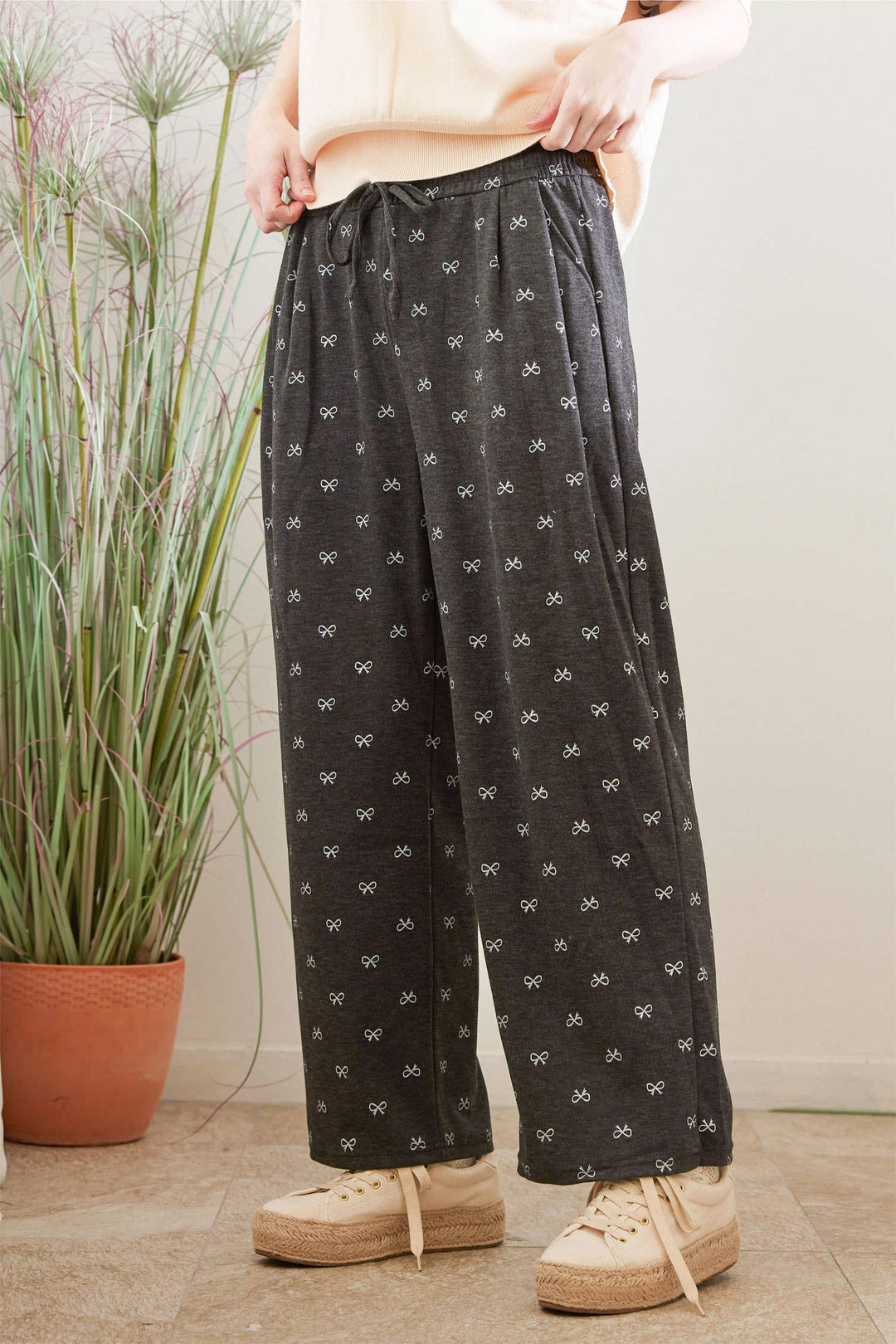 Ribbon Print Casual Long Pants