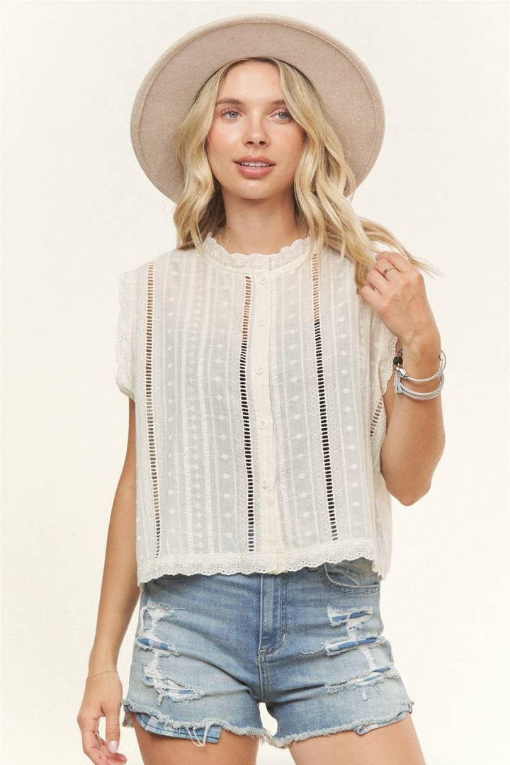 SLEEVELESS BOHO LACE TRIM BLOUSE- LET3998