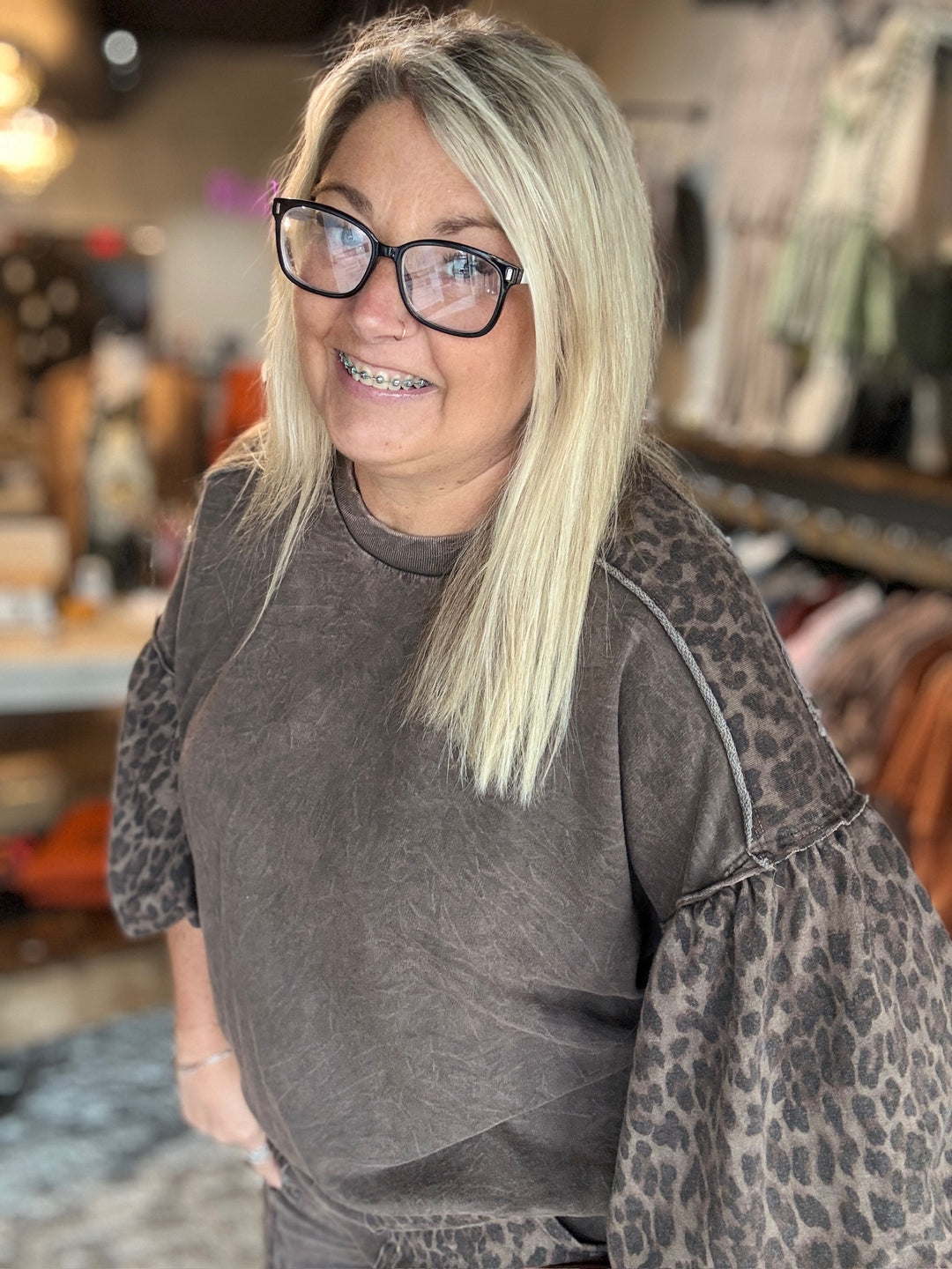 Brown Leopard Puff Sleeve Top