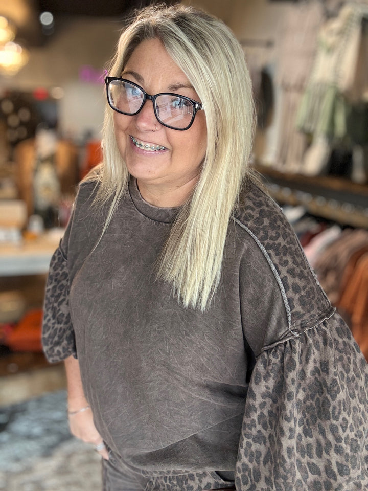 Brown Leopard Puff Sleeve Top