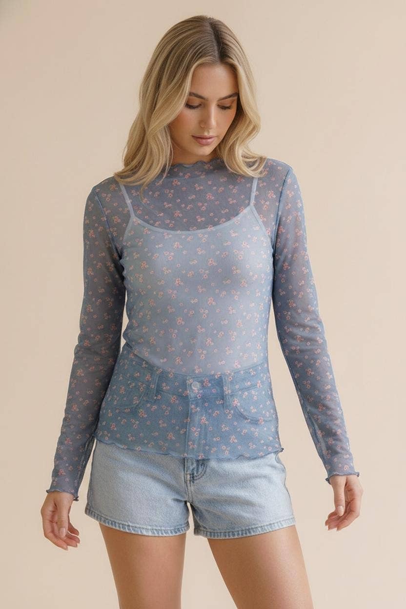 High Neck Floral Mesh Semi Sheer Top