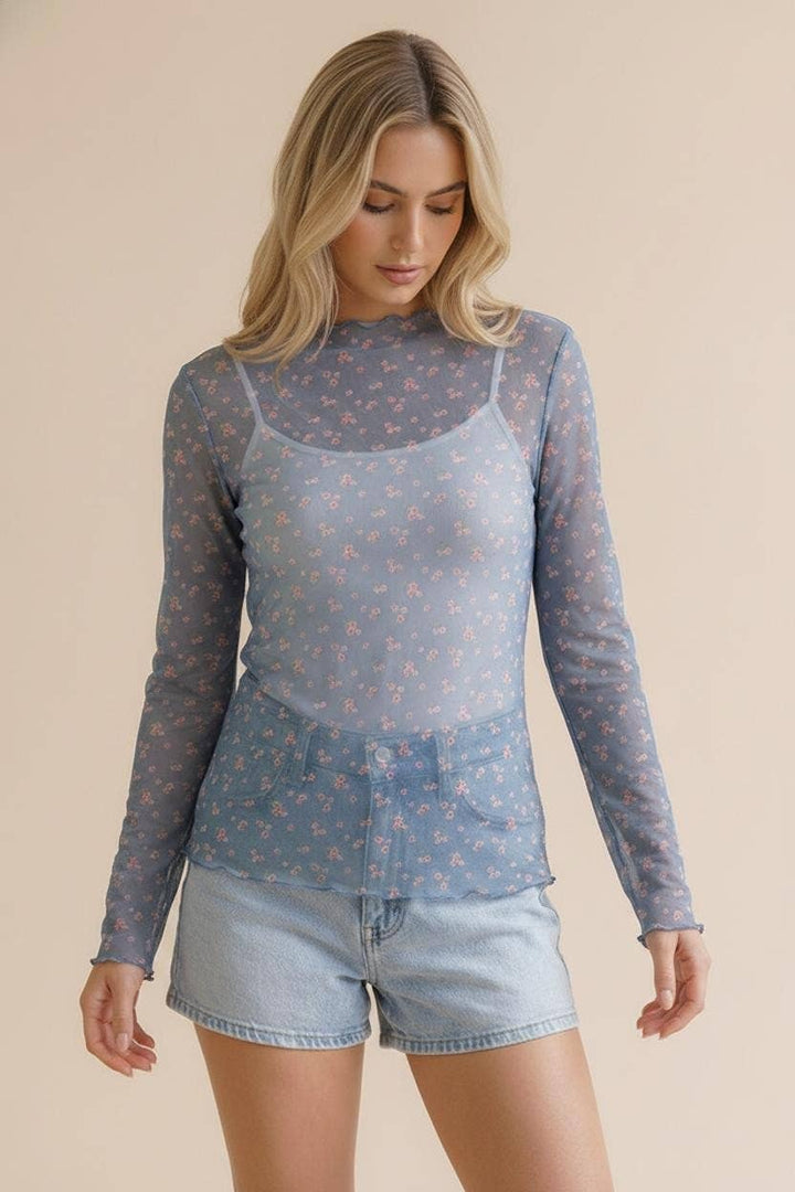High Neck Floral Mesh Semi Sheer Top