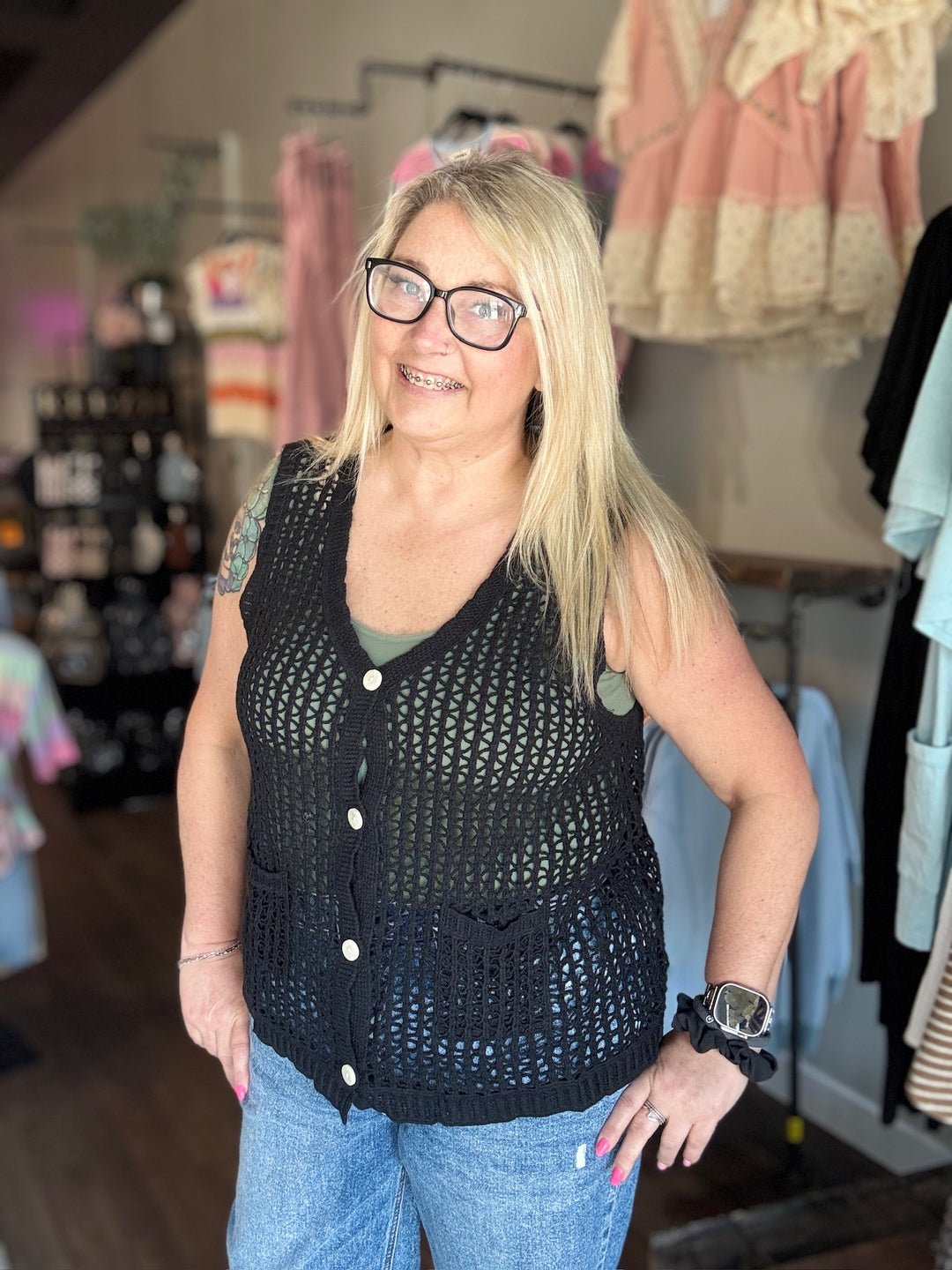 Easygoing Summer Black Crochet Vest
