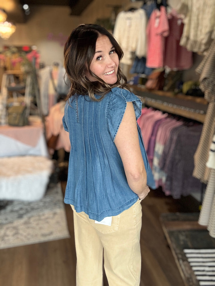 Denim Ruffle Sleeve Pleated Top