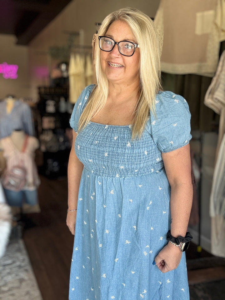 Denim Smocked Floral Midi Dress