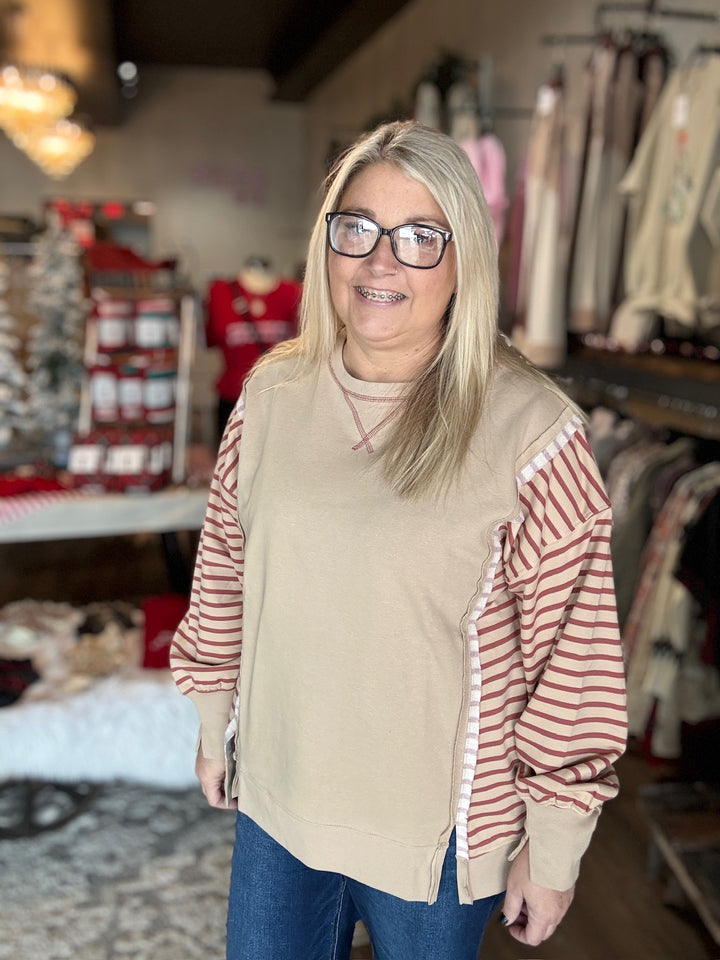 Oversized Tan Stripe Contrast Sweatshirt