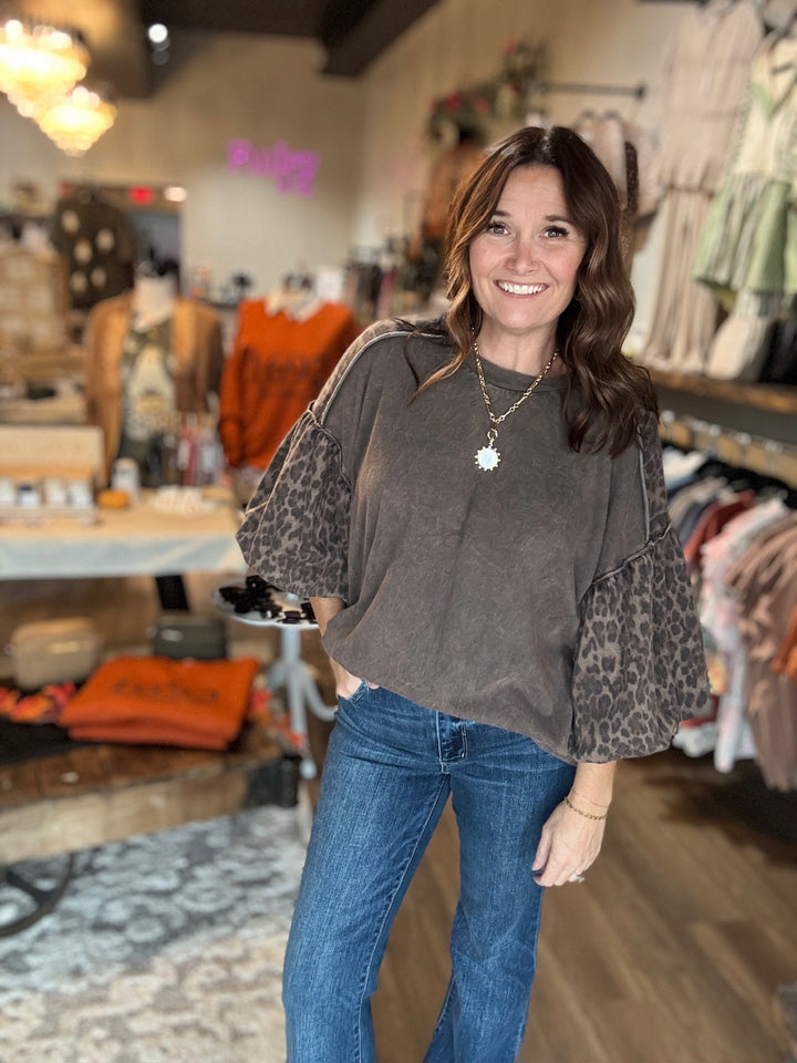 Brown Leopard Puff Sleeve Top