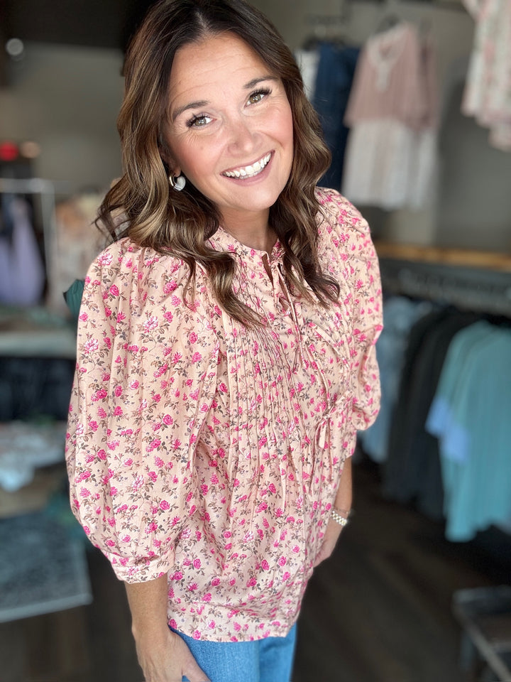 Beige Floral Puff Sleeve Blouse