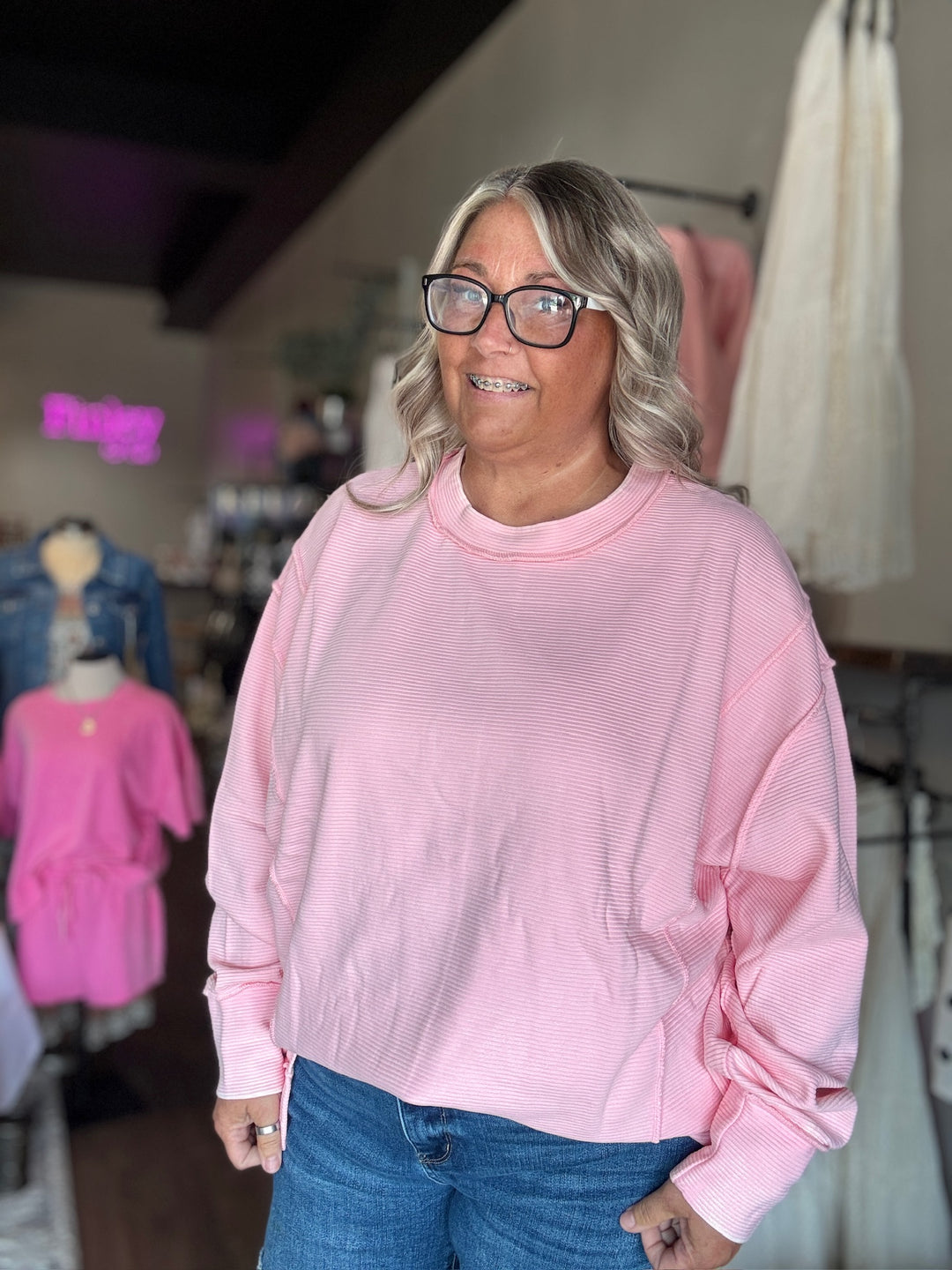 Hot Pink Ribbed Sweatshirt