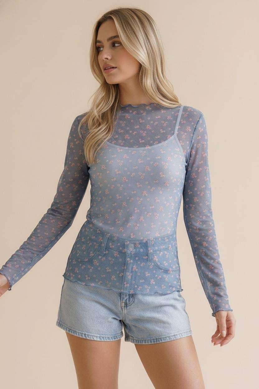Plus High Neck Floral Mesh Semi Sheer Top