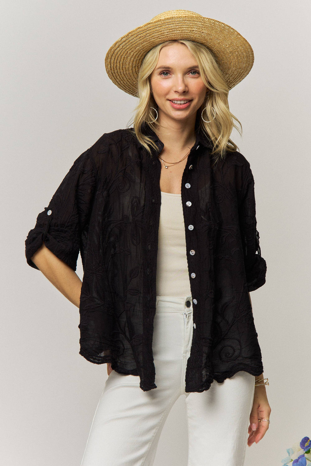 VINTAGE BOHO EMBROIDERED BUTTON-DOWN SHIRT - LET4283