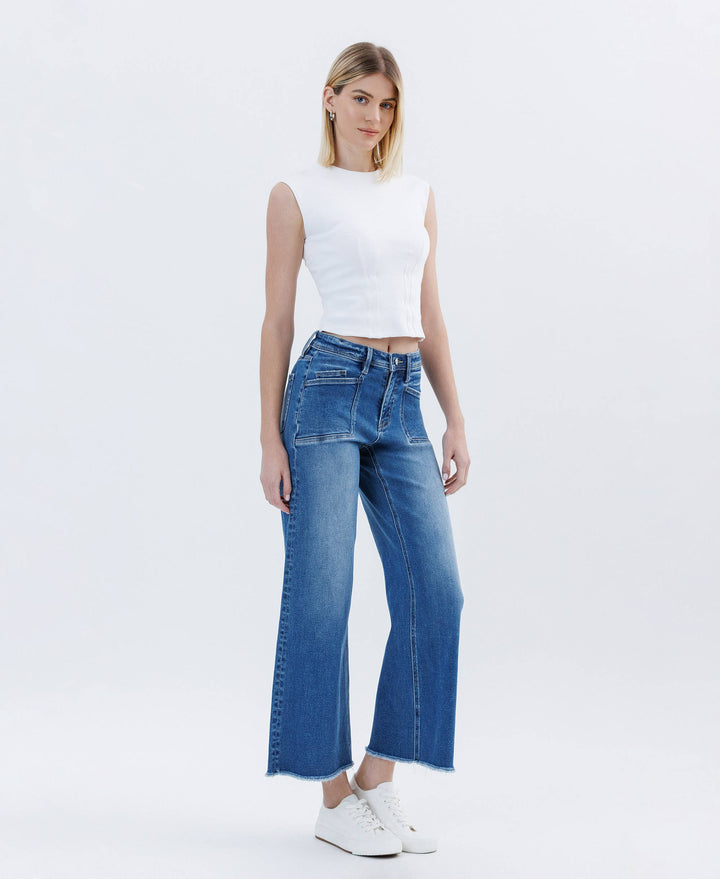 HIGH RISE RAW HEM ANKLE WIDE LEG JEANS LV1683