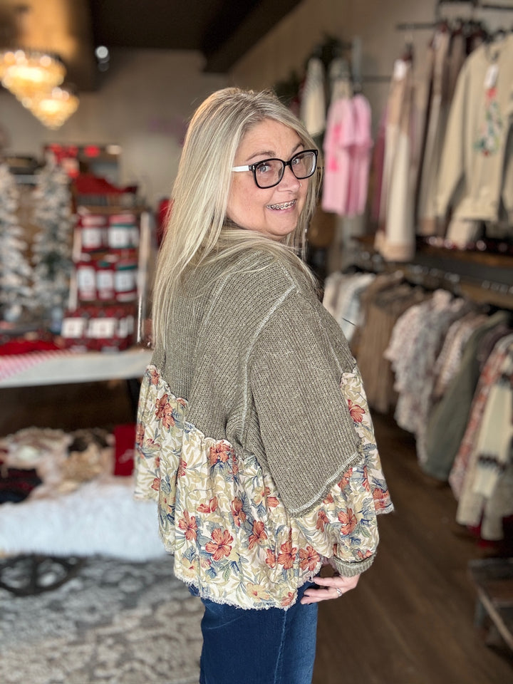 Green Knit Ruffle Floral Top