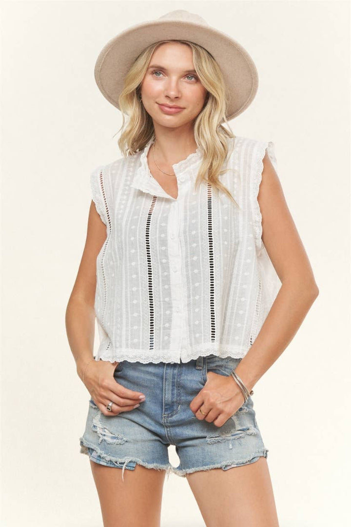 SLEEVELESS BOHO LACE TRIM BLOUSE- LET3998
