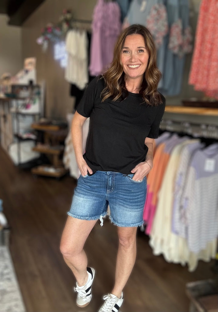 Mid Rise Frayed Denim Shorts