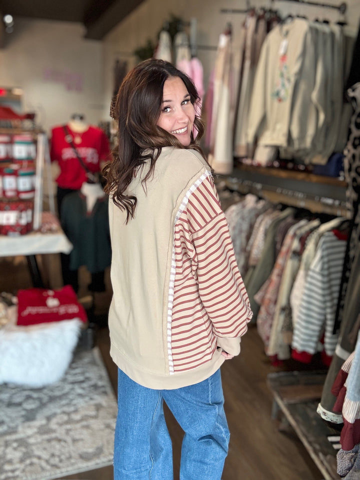 Oversized Tan Stripe Contrast Sweatshirt