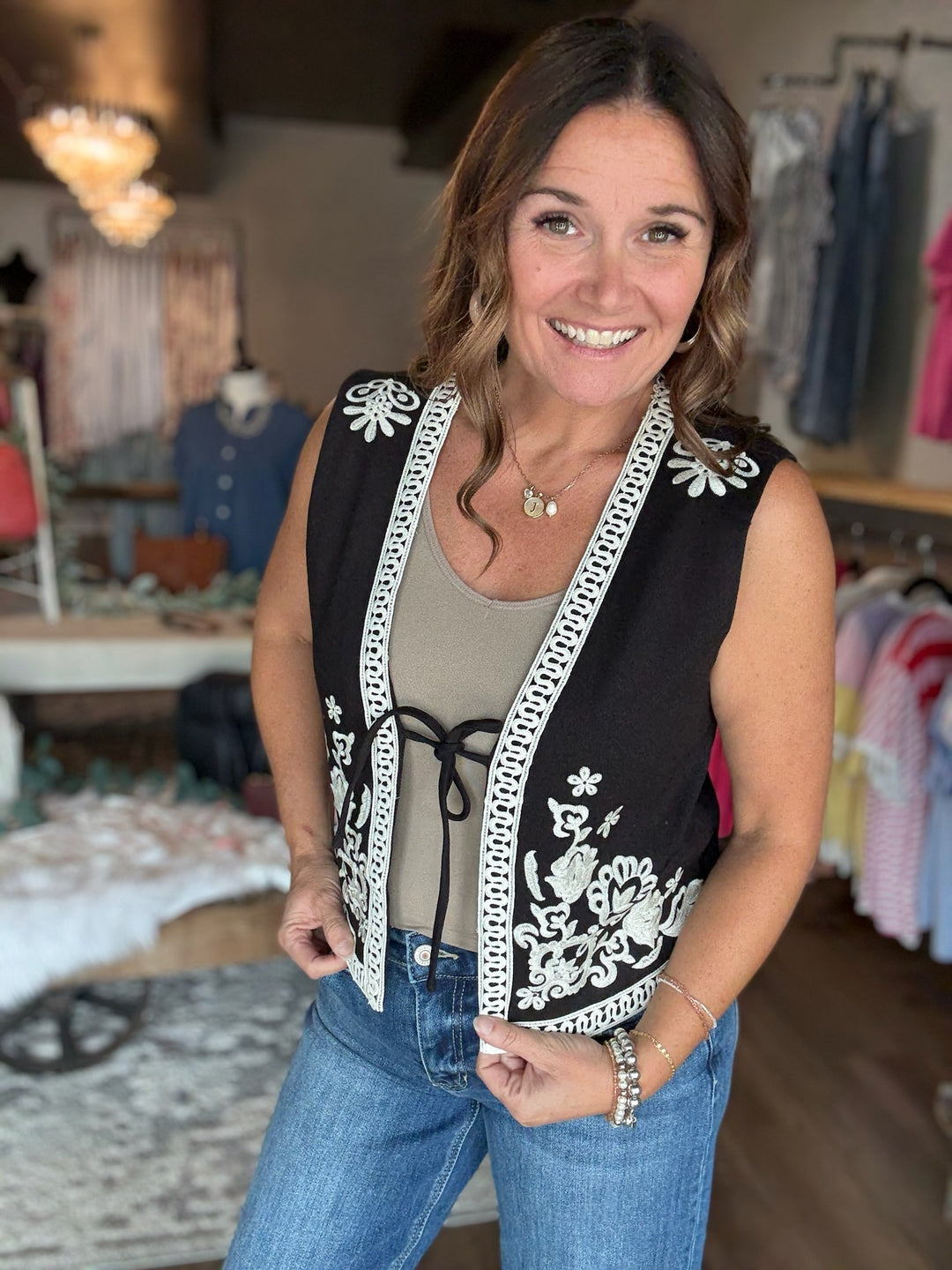 Black Embroidered Front Tie Vest