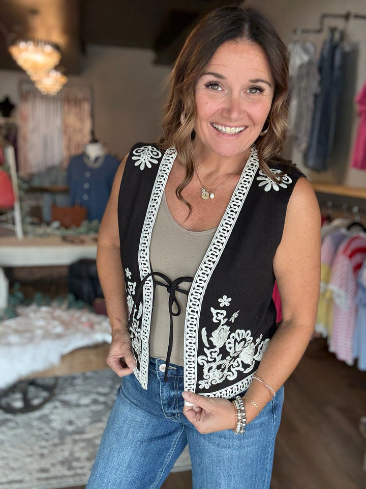 Black Embroidered Front Tie Vest