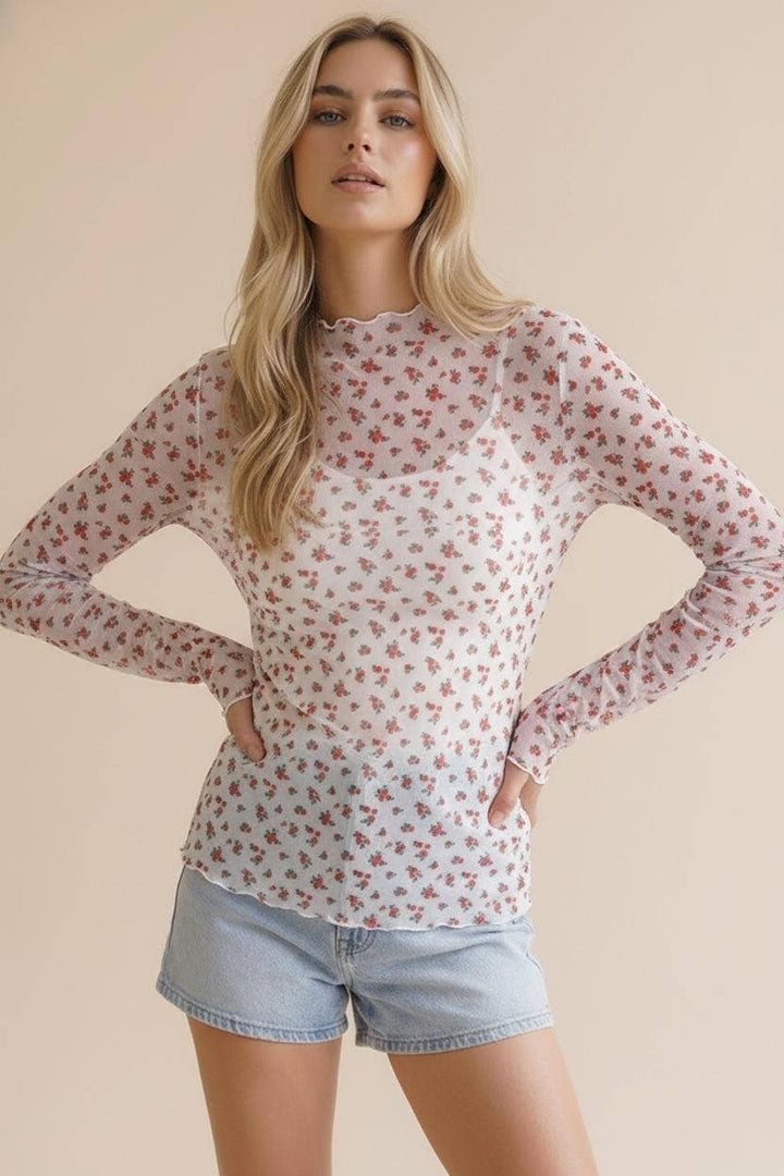 Plus High Neck Floral Mesh Semi Sheer Top