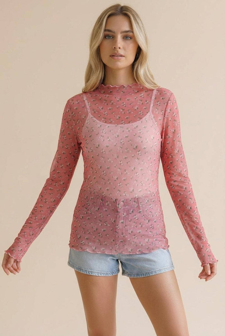 Plus High Neck Floral Mesh Semi Sheer Top