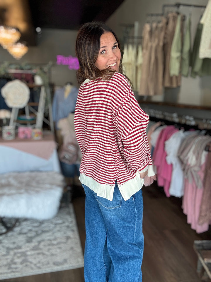 Red, White & Cute Striped Crewneck