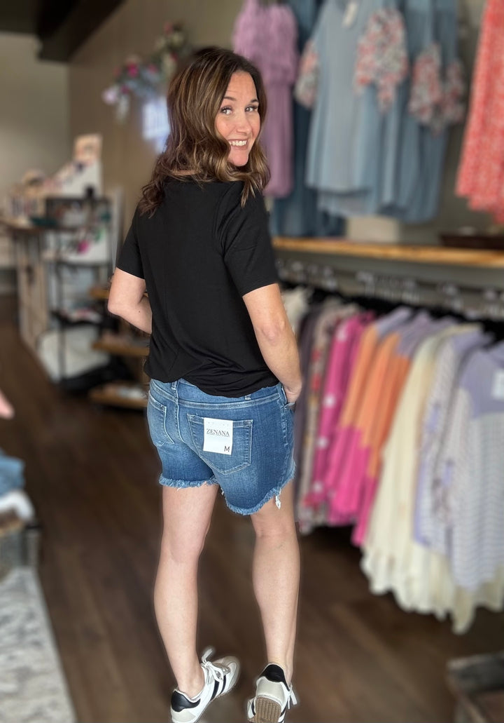 Mid Rise Frayed Denim Shorts