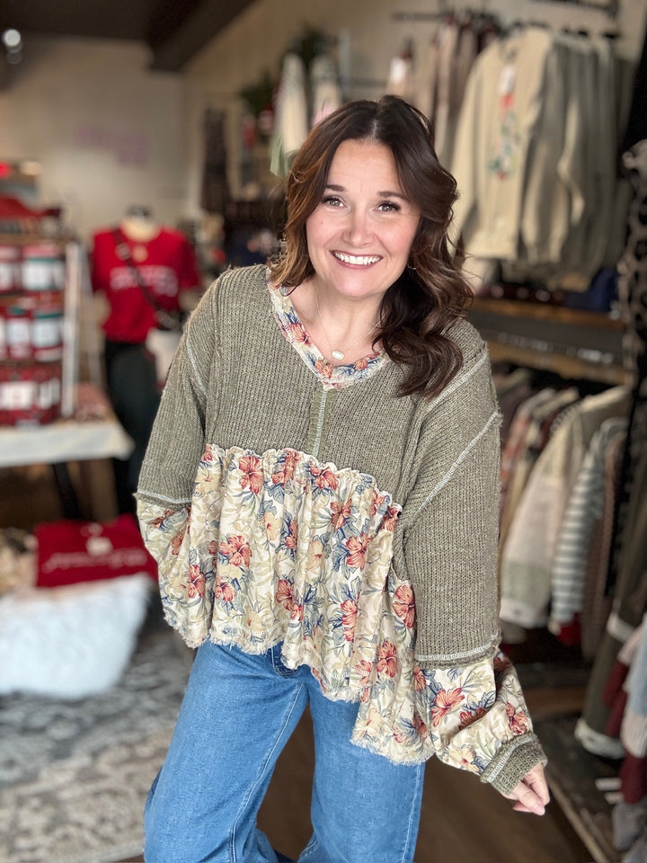 Green Knit Ruffle Floral Top