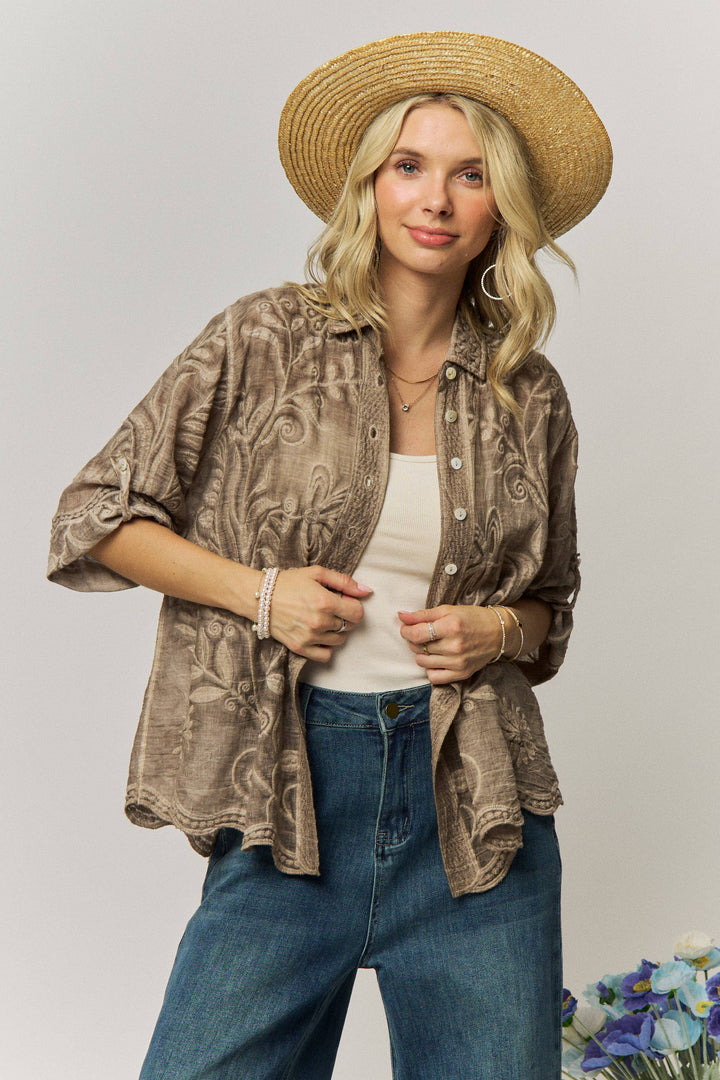 VINTAGE BOHO EMBROIDERED BUTTON-DOWN SHIRT - LET4283