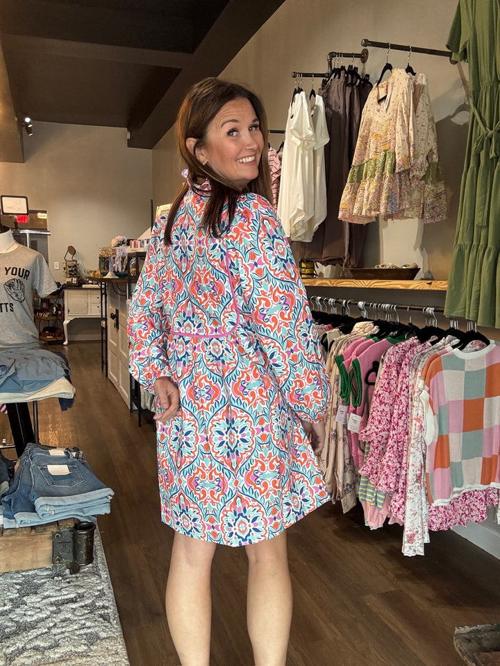 Abstract Printed Long Sleeve Dress