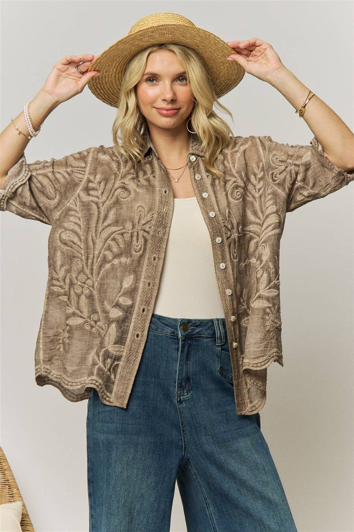 VINTAGE BOHO EMBROIDERED BUTTON-DOWN SHIRT - LET4283