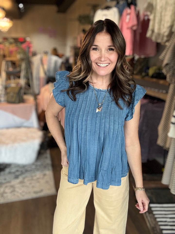 Denim Ruffle Sleeve Pleated Top