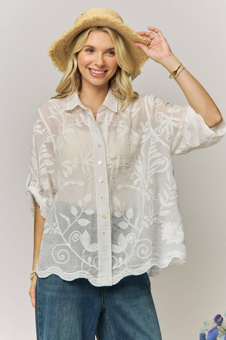 VINTAGE BOHO EMBROIDERED BUTTON-DOWN SHIRT - LET4283