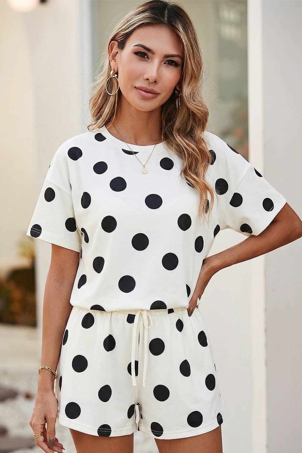 Polka Dot Loose Tee Drawstring Elastic Waist Short Set |S-4X