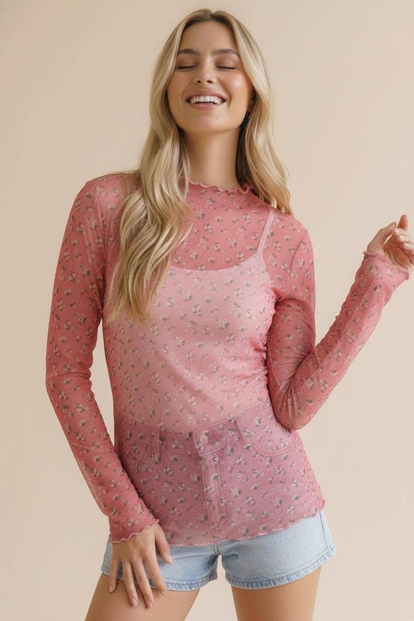 Plus High Neck Floral Mesh Semi Sheer Top