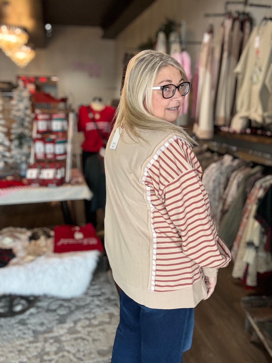 Oversized Tan Stripe Contrast Sweatshirt