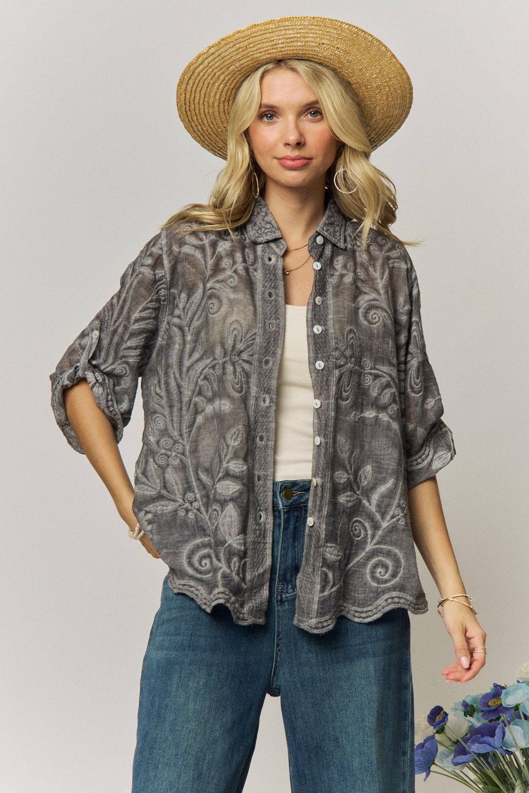 VINTAGE BOHO EMBROIDERED BUTTON-DOWN SHIRT - LET4283