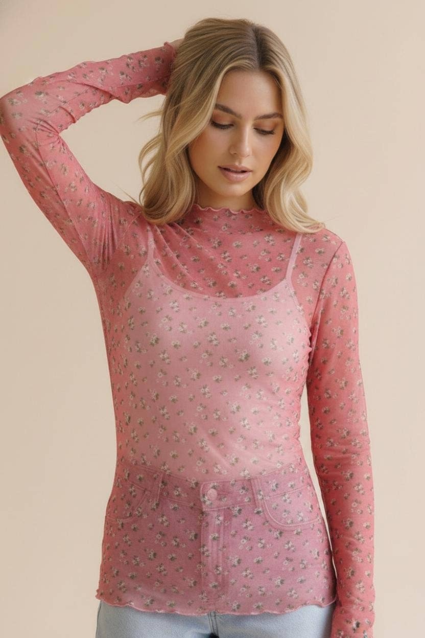 Plus High Neck Floral Mesh Semi Sheer Top