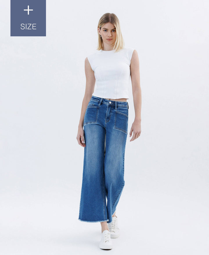 PLUS SIZE HIGH RISE RAW HEM ANKLE WIDE LEG JEANS LV1683-P