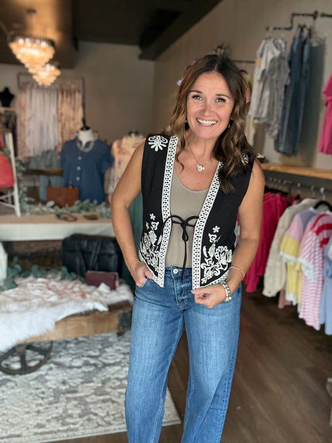 Black Embroidered Front Tie Vest