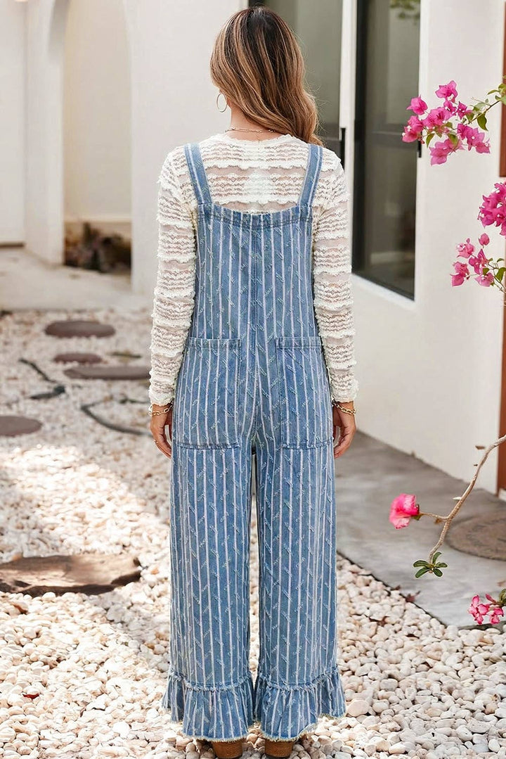 LDC Striped Distressed Ruffled Wide Leg Denim Overalls