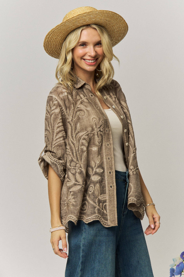 VINTAGE BOHO EMBROIDERED BUTTON-DOWN SHIRT - LET4283