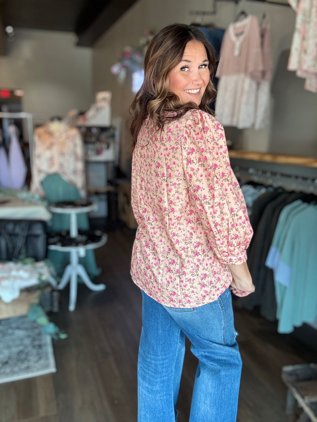 Beige Floral Puff Sleeve Blouse