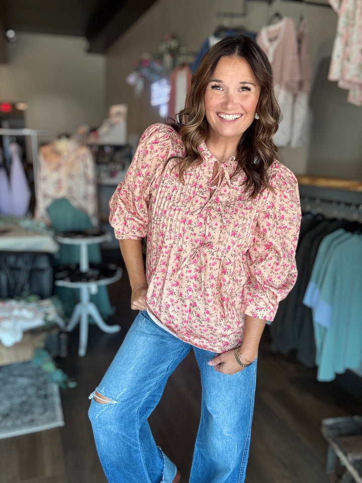 Beige Floral Puff Sleeve Blouse