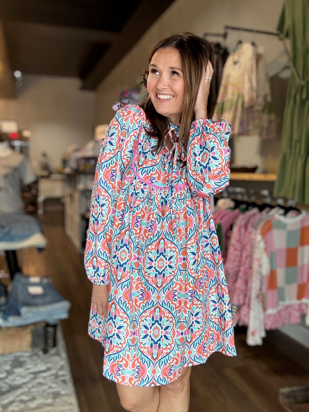 Abstract Printed Long Sleeve Dress