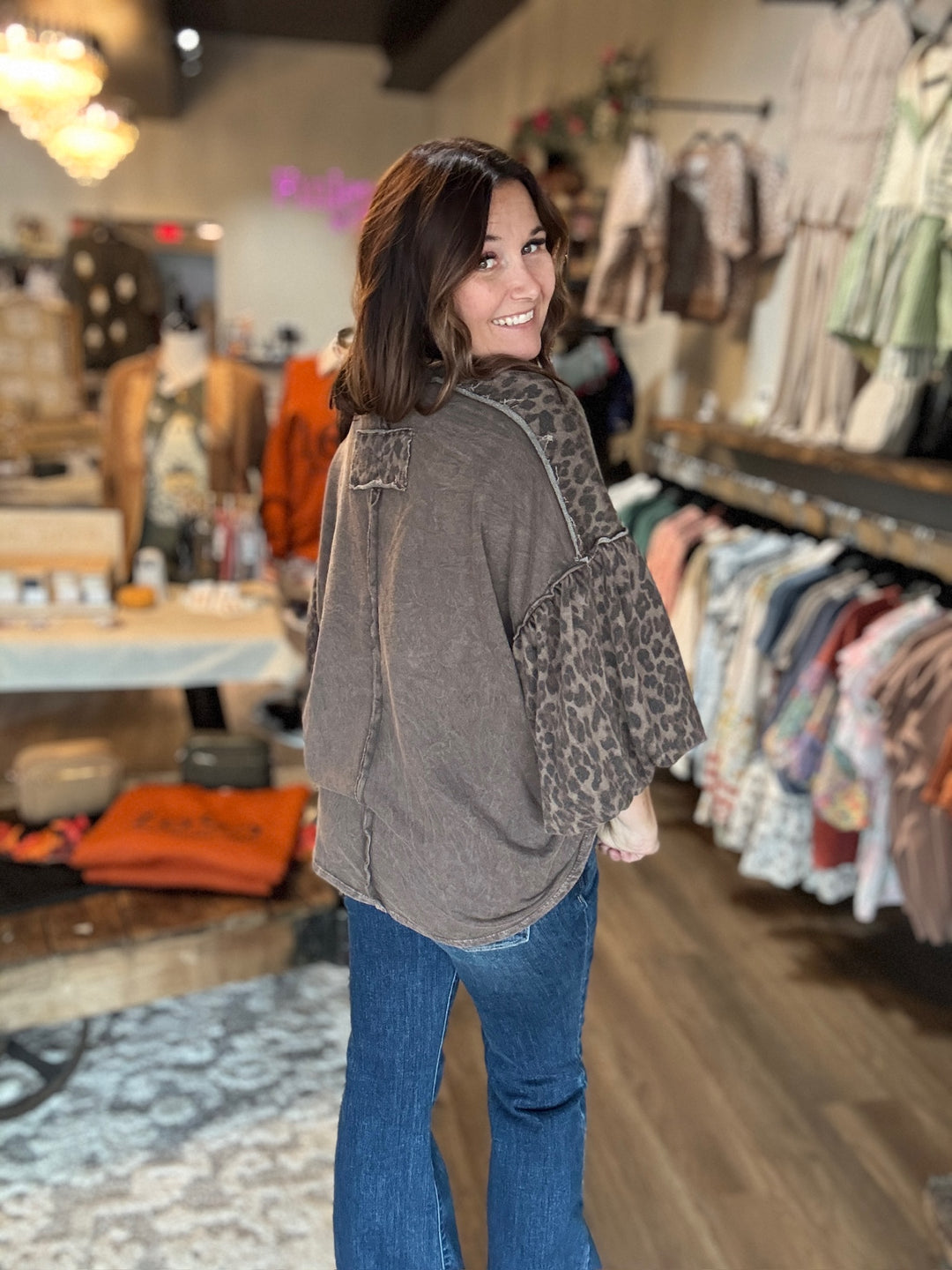 Brown Leopard Puff Sleeve Top