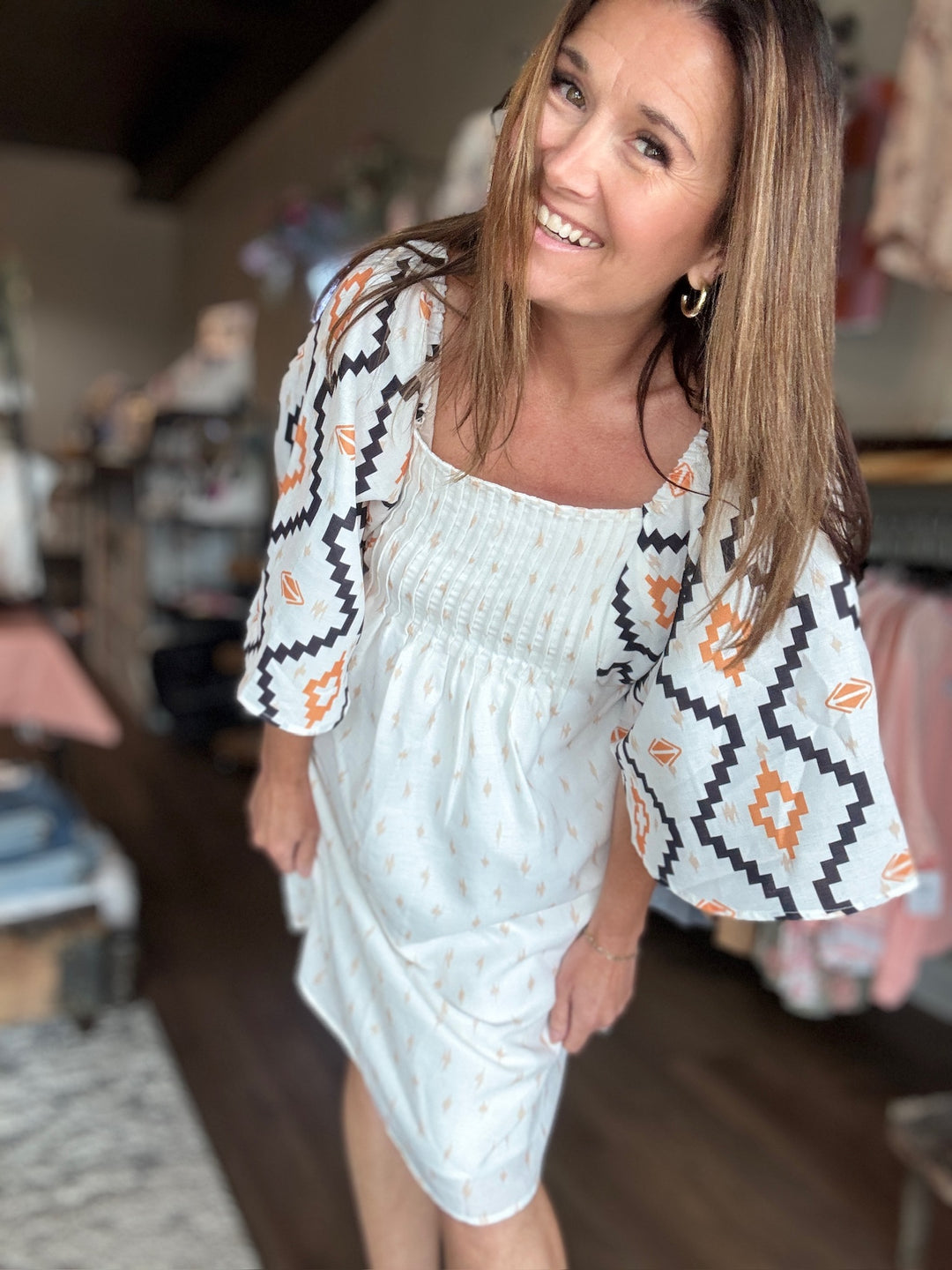 Aztec Print Pleated Mini Dress