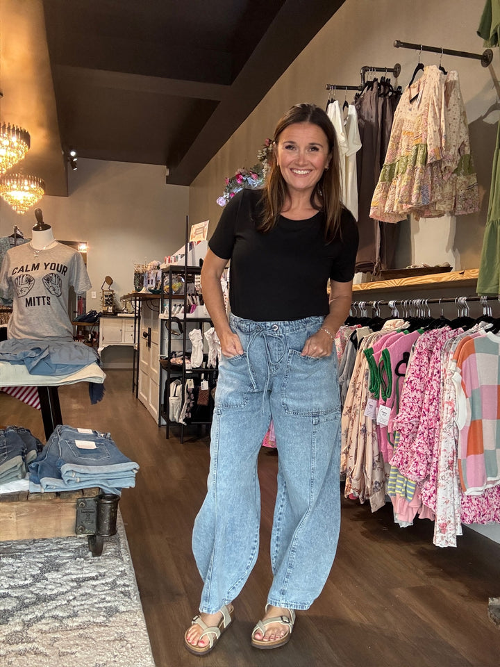 Denim Drawstring Barrel Jeans